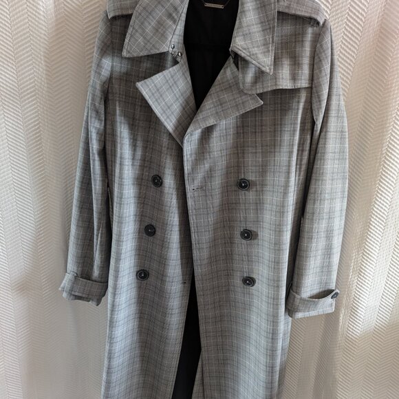 Elie Tahari Plaid Double Breasted Trench Coat Size Large Grey Preppy Classic - Picture 13 of 16